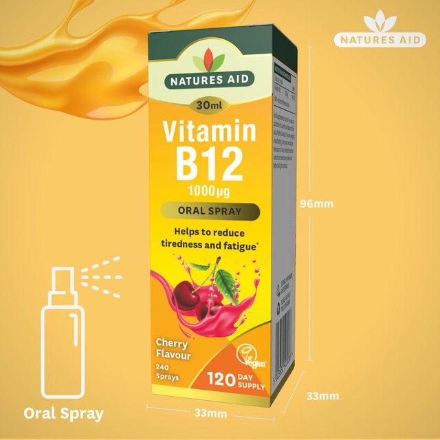 Natures Aid Vitamin B12 oral spray cherry flavour 30ml, imported from the UK