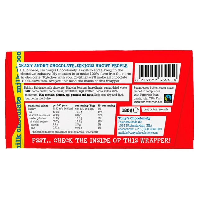 Tony's Chocolonely Milk Chocolate bar 180g, imported from the UK