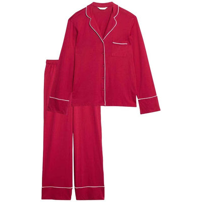 M&S M&S Dame Pyjamassett i bomull og modal Revere Rød L - Kjøp online hos McGrocer