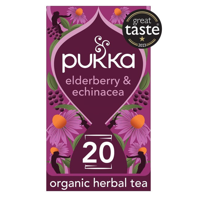 Pukka Herbs Elderberry and Echinacea fruit tea 20 compostable tea bags, imported from the UK