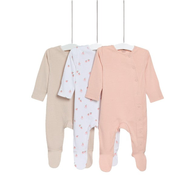 M&S girls peach mix sleepsuits 3pk 0-3 months, imported from the UK