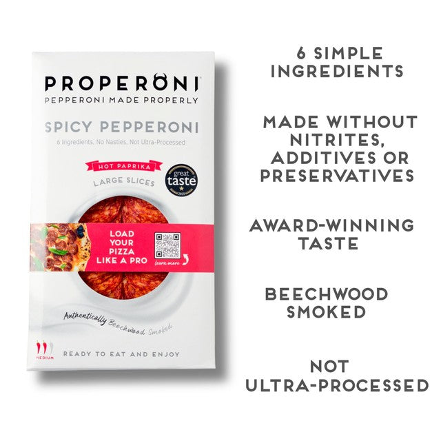 Properoni spicy sliced pepperoni 80g, imported from the UK