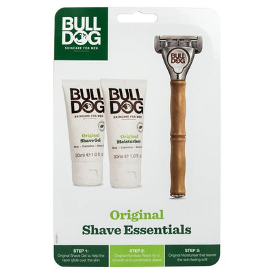 Bulldog Shave Essentials barberhøvel med barbergel og fuktighetskrem stellingssett