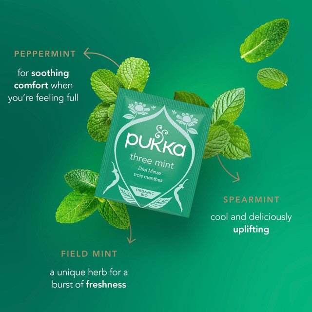 Pukka Three Mint Tea with Peppermint herbal tea bags 20 pack, imported from the UK