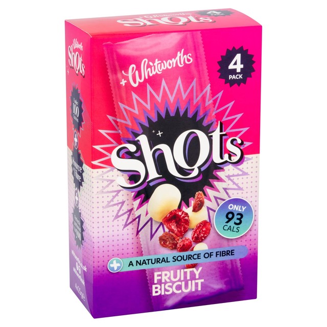 Whitworths Shots fruity biscuit snack with dried fruit and white chocolate 100g (British brand)