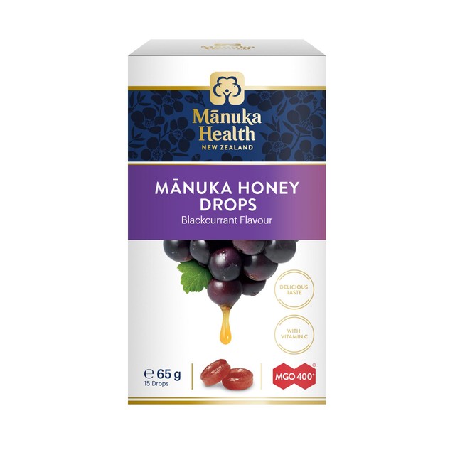 Manuka Health MGO 400+ Manuka Honey Lozenge Drops Blackcurrant 65g, imported from the UK