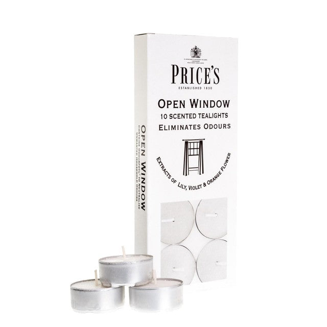 Price's Candles Open Window odour eliminating tealights 10-pack, imported from the UK