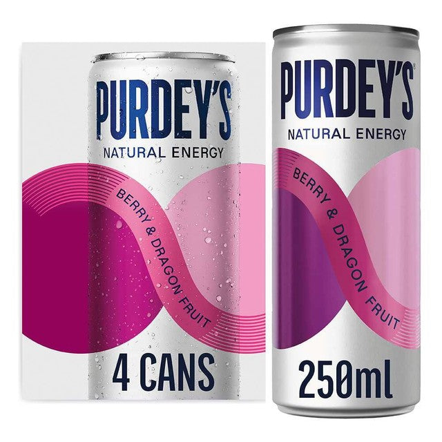 Purdey's berry & dragon fruit energy drink 4 x 250ml, imported from the UK