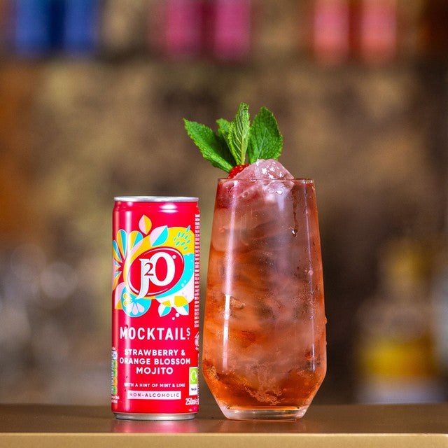 J2O Strawberry & Orange Blossom Mojito Mocktail soft drink 250ml, UK version