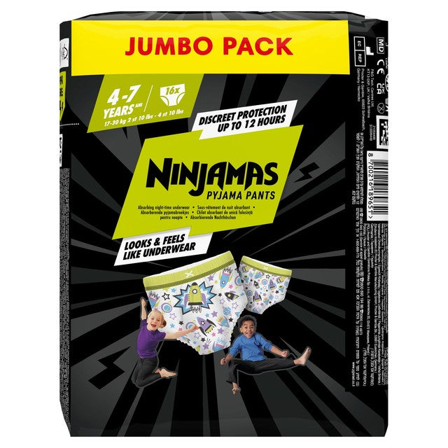 Pampers Ninjamas Pyjama Pants Boys 4-7 Years 16 Pack, imported from the UK