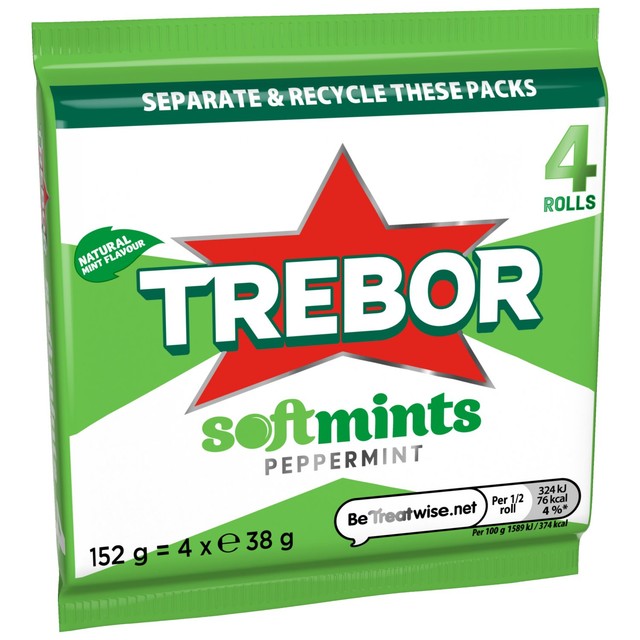 Trebor peppermint mint sweets with chewy centre and crunchy shell, 4 rolls 152g (British brand)
