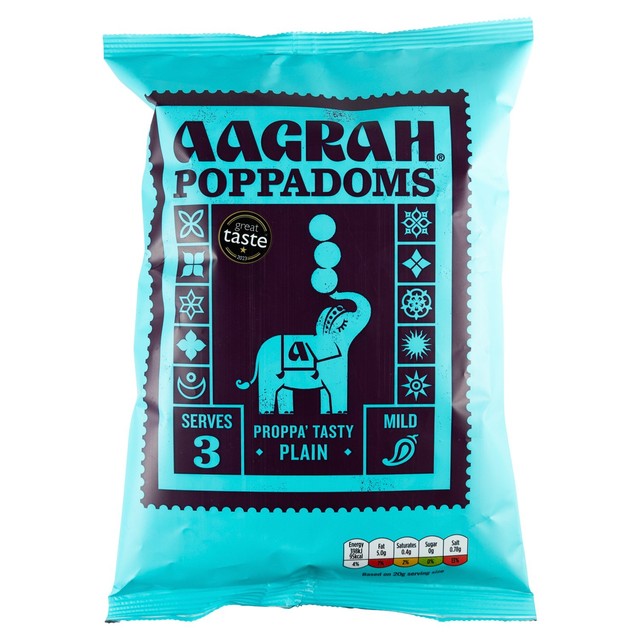 Aagrah plain poppadoms 60g bag, imported from the UK