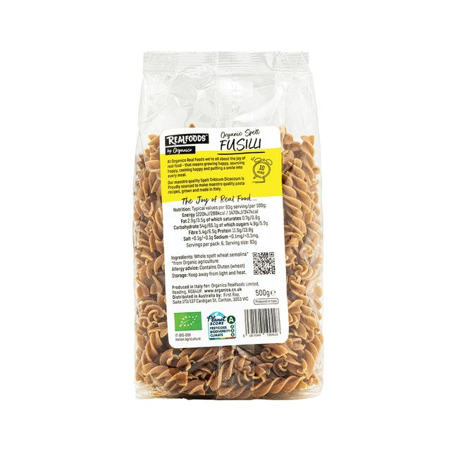 Realfoods by Organico spelt fusilli pasta 500g, imported from the UK