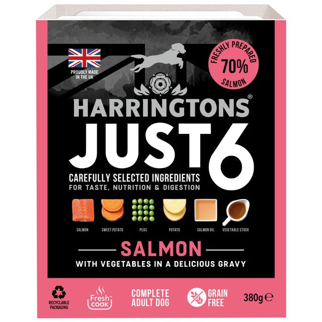 Harringtons Just 6 Salmon wet dog food 8 x 380g, UK version