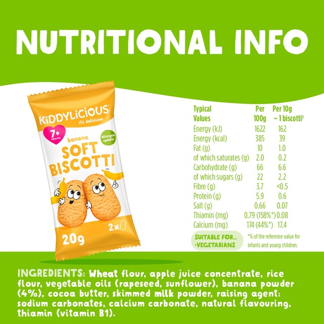 Kiddylicious Banana Soft Biscotti baby snacks 6 x 20g, UK version