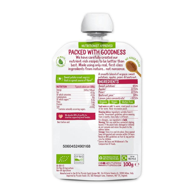 Piccolo baby food pouch with sweet potato, apple, pear, beetroot 100g, imported from the UK