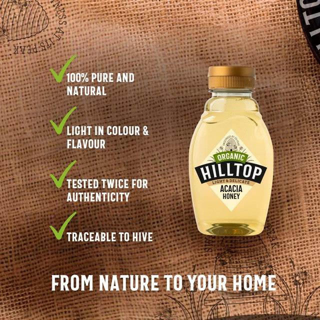 Hilltop Honey organic acacia squeezy honey 340g, UK version