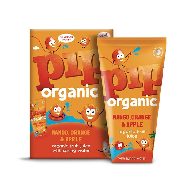 Pip Organic mango, orange & apple juice drink 4 x 180ml cartons, imported from the UK