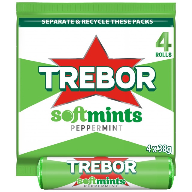 Trebor peppermint mint sweets with chewy centre and crunchy shell, 4 rolls 152g (British brand)
