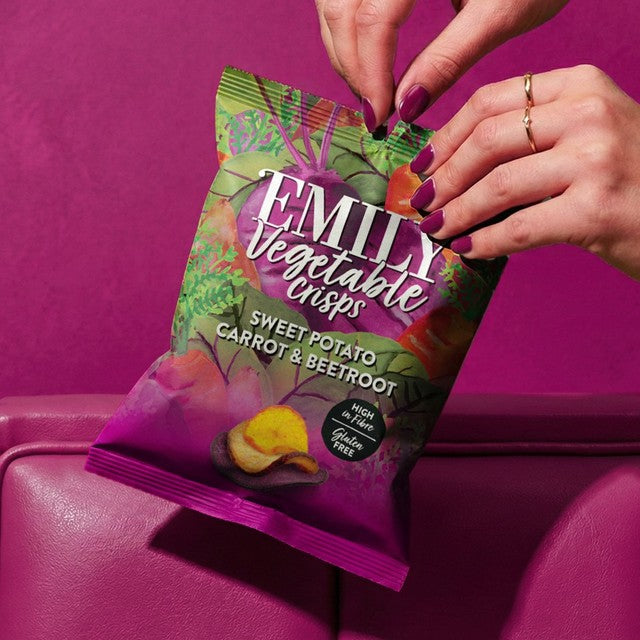 Emily Veg Crisps vegetable crisps with sweet potato, carrot, and beetroot, sharing bag - British product