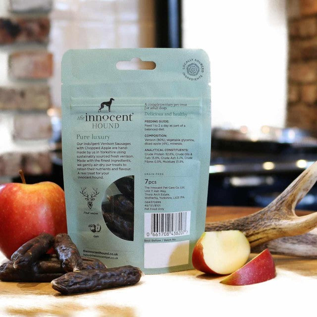 The Innocent Hound venison sausages with chopped apple dog treats (British brand)