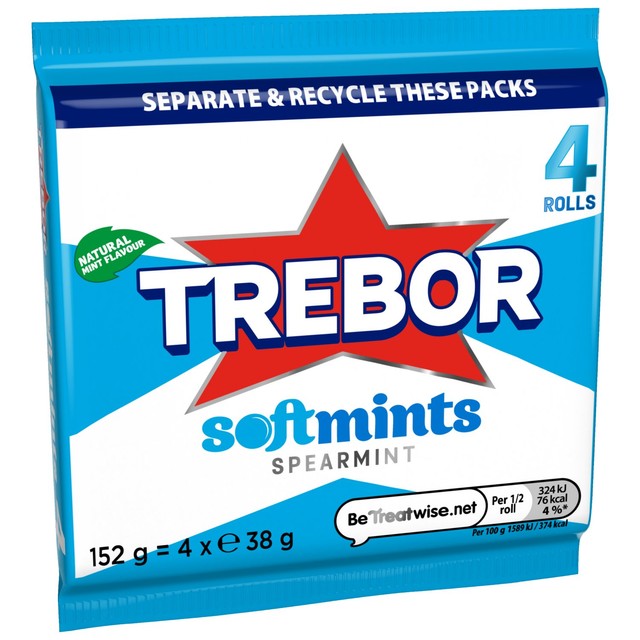Trebor chewy spearmint flavoured candy rolls multipack 179g (British brand)