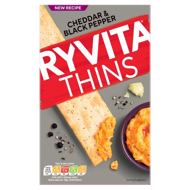 Ryvita Thins Cheddar & Black Pepper flatbread crackers 125g, imported from the UK