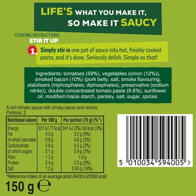 Dolmio bacon & tomato stir in pasta sauce 150g - British product