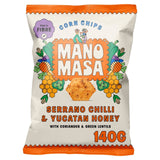 Manomasa serrano chilli and Yucatan honey tortilla chips 140g, imported from the UK