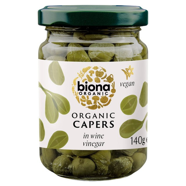Biona organic capers in wine vinegar jar, imported from the UK
