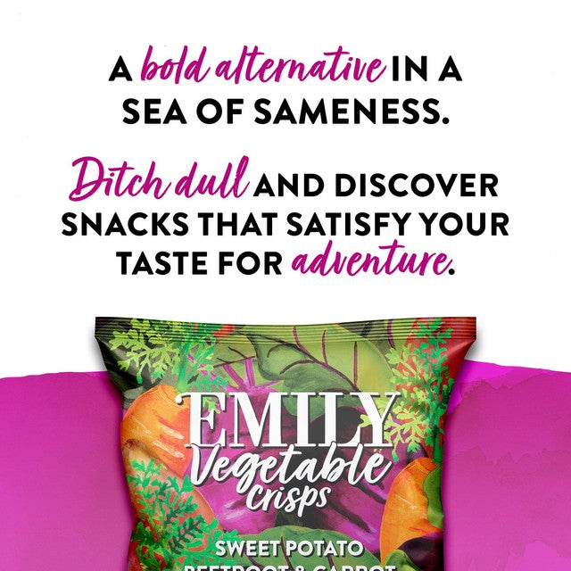 Emily Veg Crisps Rainbow Roots Sweet Potato, Carrot & Beetroot vegetable crisps 30g - British product