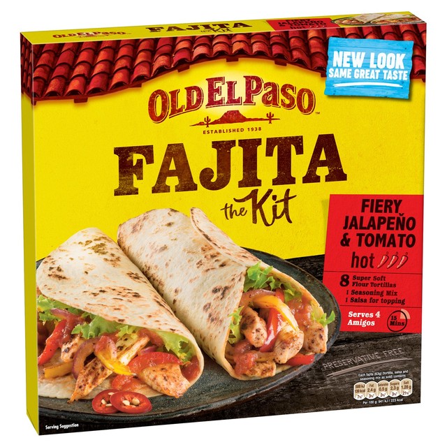 Old El Paso fiery jalapeno and tomato fajita kit 500g, imported from the UK