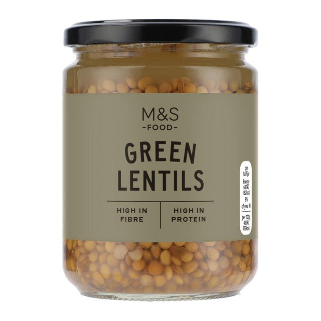 M&S green lentils in water, jar - imported from the UK