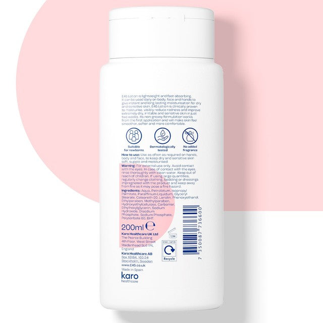 E45 moisturising lotion for dry sensitive skin 200ml (British brand)