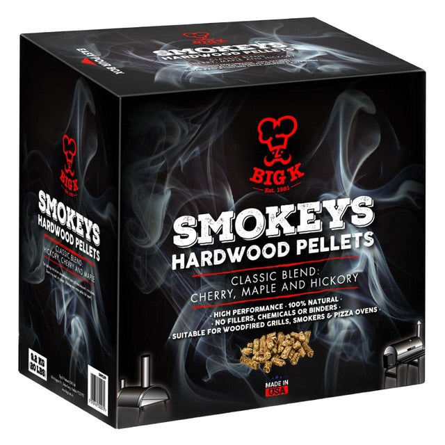 Big K BBQ wood smoking pellets cherry maple hickory blend 9kg - British product