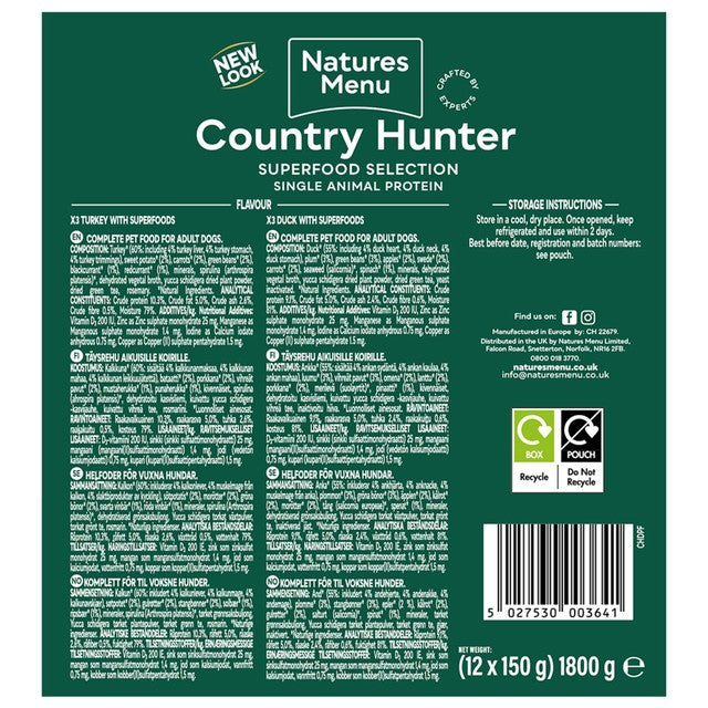 Natures Menu Country Hunter Superfood Selection wet dog food 12 x 150g pouches, imported from the UK