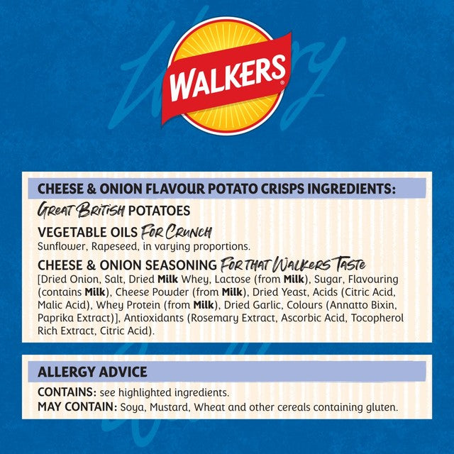 Walkers Cheese & Onion potato crisps 6 bags (British brand)