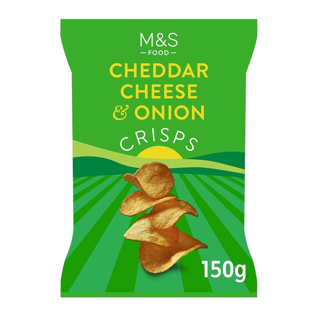 M&S Cheddar Cheese & Onion crisps 150g, imported from the UK
