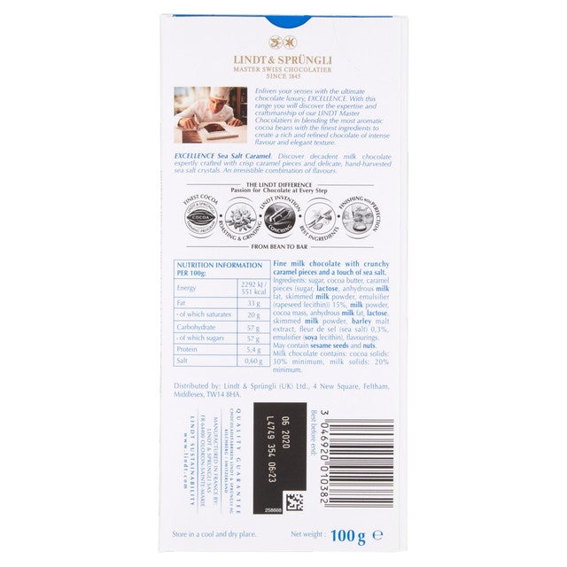 Lindt milk chocolate bar caramel & sea salt 100g, UK version