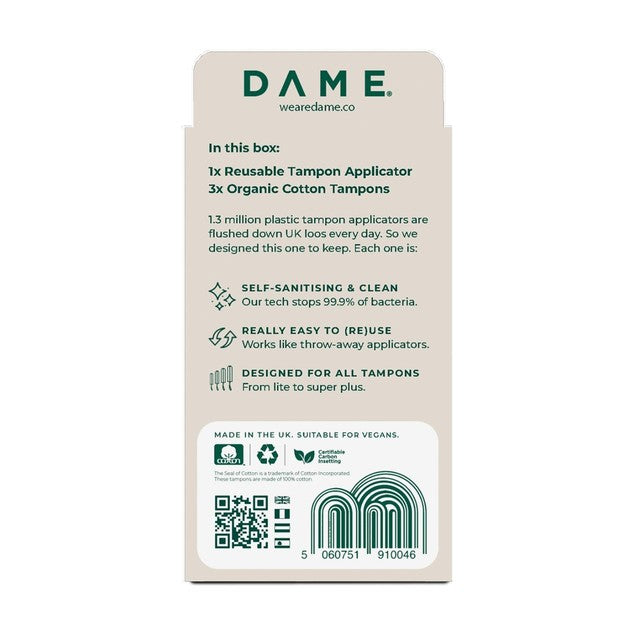 DAME reusable tampon applicator with 3 organic tampons - British product