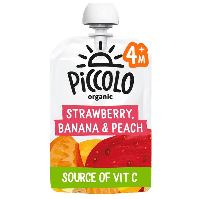 Piccolo organic strawberry, banana and peach baby food pouch, imported from the UK