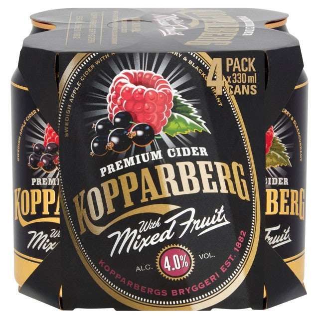 Kopparberg Mixed Fruit Cider with raspberry and blackcurrant flavour in 4 x 330ml cans, UK version