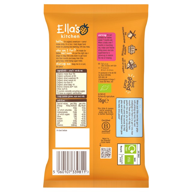 Ella's Kitchen Sweetcorn & Carrot Melty Sticks Baby Snack 7+ Months