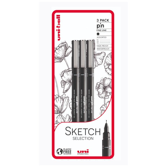 Uni-ball PIN fineliner pens Sketch Selection Black 3 pack (British brand)