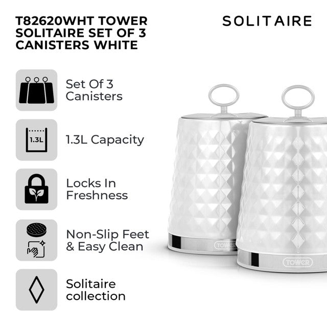 Tower Solitaire white canisters set stainless steel (British brand)