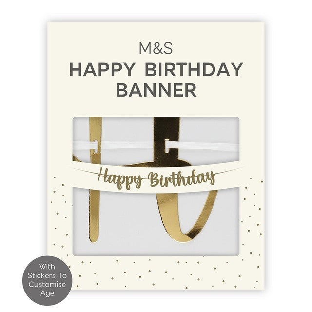 M&S gold happy birthday banner with number stickers, 2.5m length, imported from the UK