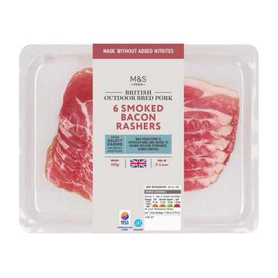 M&S M&S British Outdoor Bred Smoked Bacon Rashers Made Without Nitrites 200g- Buy online at McGrocer