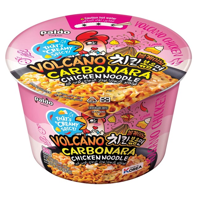 Paldo Volcano Carbonara Chicken Flavour Noodle Bowl 105g, imported from the UK