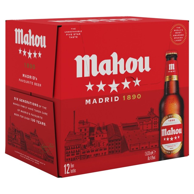 Mahou Cinco Estrella lager beer 12 x 330ml bottles, imported from the UK