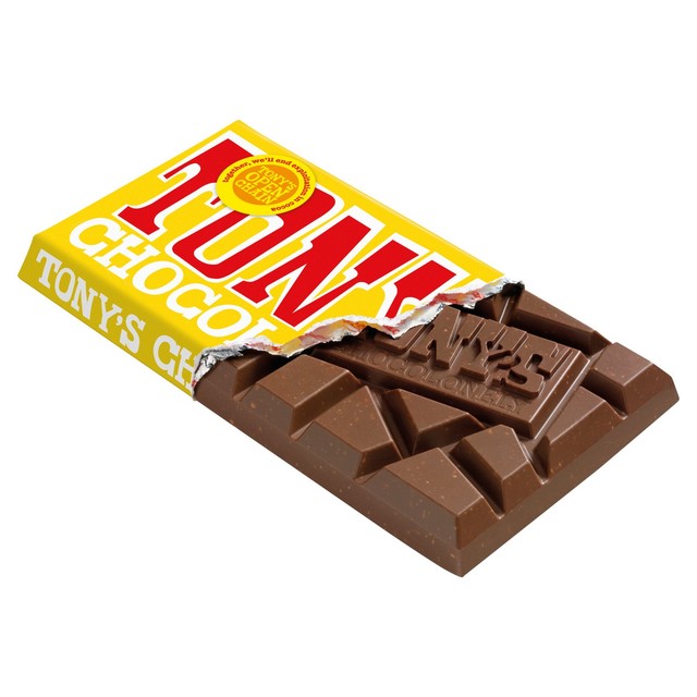 Tony's Chocolonely milk chocolate bar with almond honey nougat 180g (British brand)